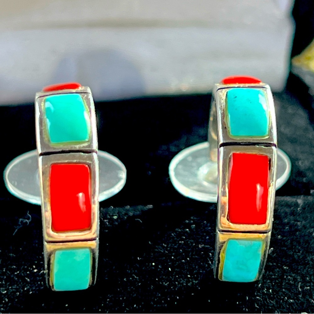 Native American Blue & Red Turqouise Earrings Silver Tone EUC